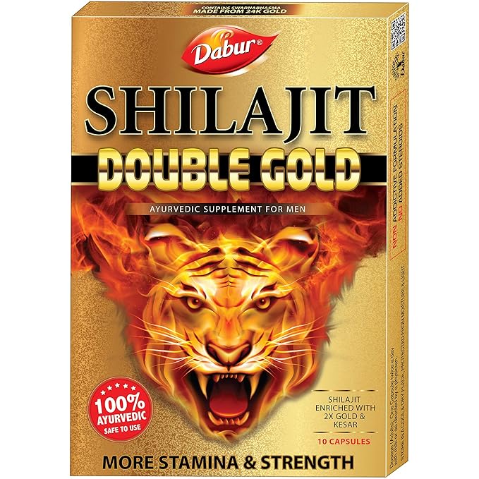 DABUR Shilajit Double Gold-10 Capsules|2X Stamina&Strength|100% Ayurvedic Capsules For More Strength,Power,Energy&Stamina|Helps In Countering Weakness|Premium Vitality Ayurvedic Supplement